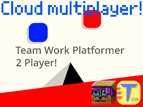 Team Work platformer logo cover featuring red and blue characters cooperating on platforms