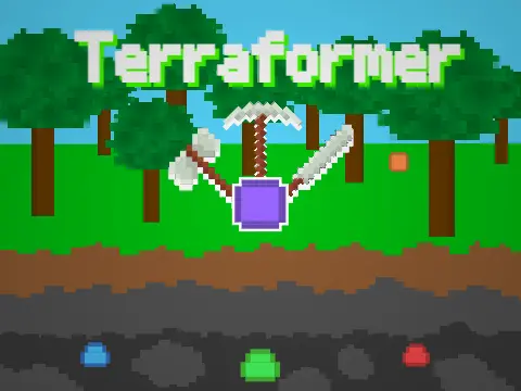 Terraformer game logo with pickaxe and terrain