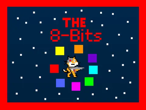 The 8-Bits platformer logo cover featuring 8-bit aesthetic and virus enemy