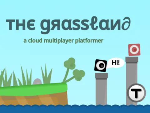 The Grassland multiplayer cloud platformer game logo featuring a sunny grassland with cube characters