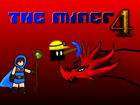 The Miner 4 game logo featuring miner, mage and archer characters with pickaxe