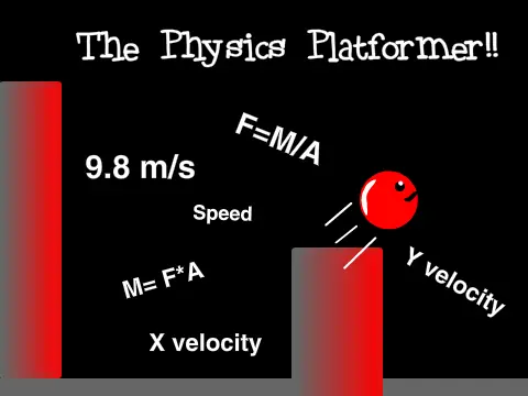 Physics platformer logo with red ball and wall jump illustration