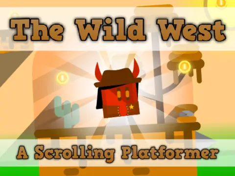 The Wild West scrolling platformer collab logo cover featuring western landscape and coin art