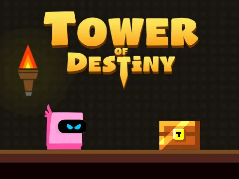 Tower of Destiny logo cover featuring tower climb with chests and spinning blades