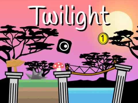 Twilight scrolling platformer logo - sunset landscape with cube protagonist
