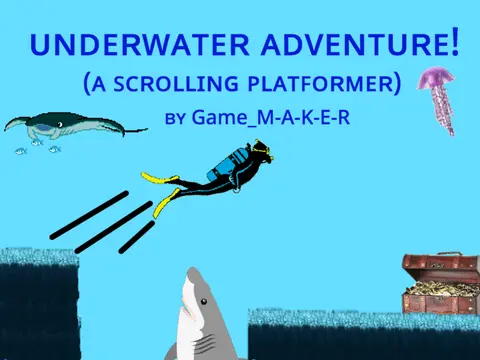 Underwater Adventure platformer logo with diver and ocean background