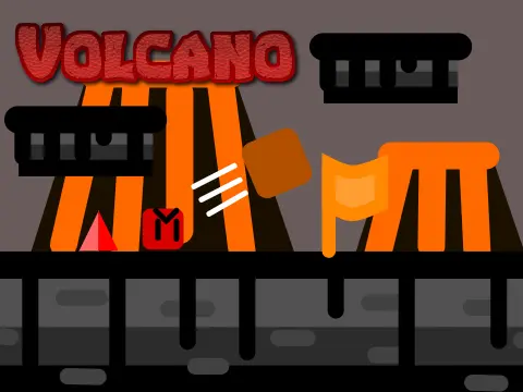 Volcano scrolling platformer logo cover featuring lava spikes moving platforms and checkpoints