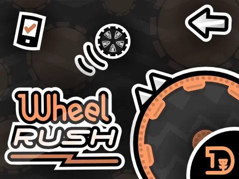 Wheel Rush platformer logo cover featuring a wheel character dodging spikes