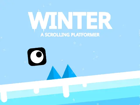 Winter Scrolling Platformer game logo with snowy cliffs and eyeball interface