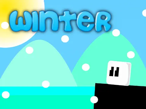 Winter II platformer logo with snow theme and cold player character