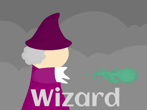 Wizard platformer game logo - magical wizard character in action platformer pose