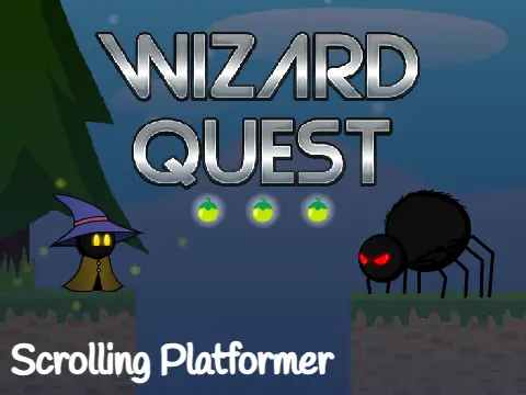 Wizard Quest game logo with wizard character and platformer scrolling environment
