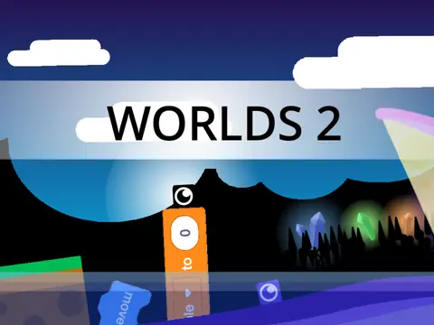 Worlds 2 scrolling platformer logo cover featuring GrassLand and Crystal Cave biomes