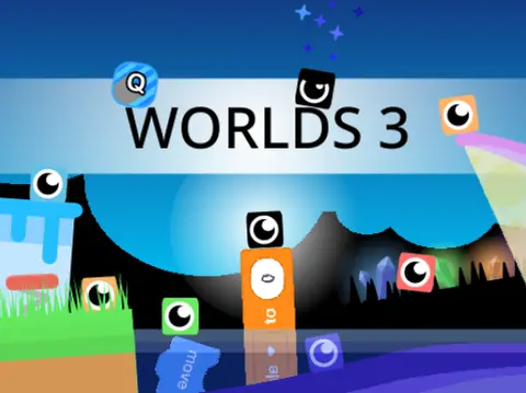 Logo for WORLDS 3 - A Scrolling Platformer game featuring colorful level themes