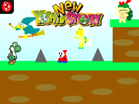 Yoshi's New Story platformer logo featuring Yoshi in classic sidescrolling adventure art style