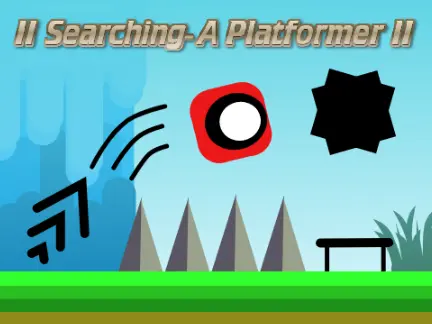 Searching platformer logo cover featuring waterfall cave environment and boss arena