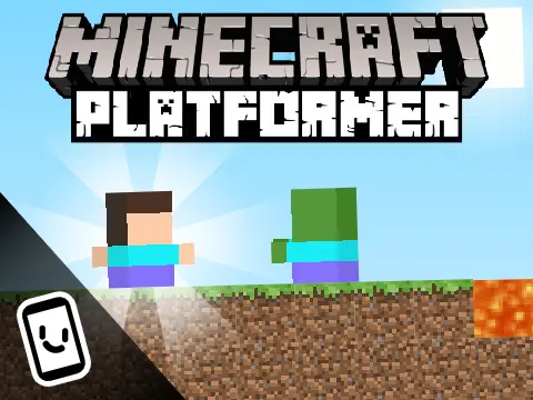 Mobile compatible Minecraft platformer logo with zombie and block terrain